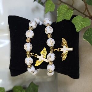 Set of 2 White and Gold Bead Cross with Wing Cross Charm Bracelet